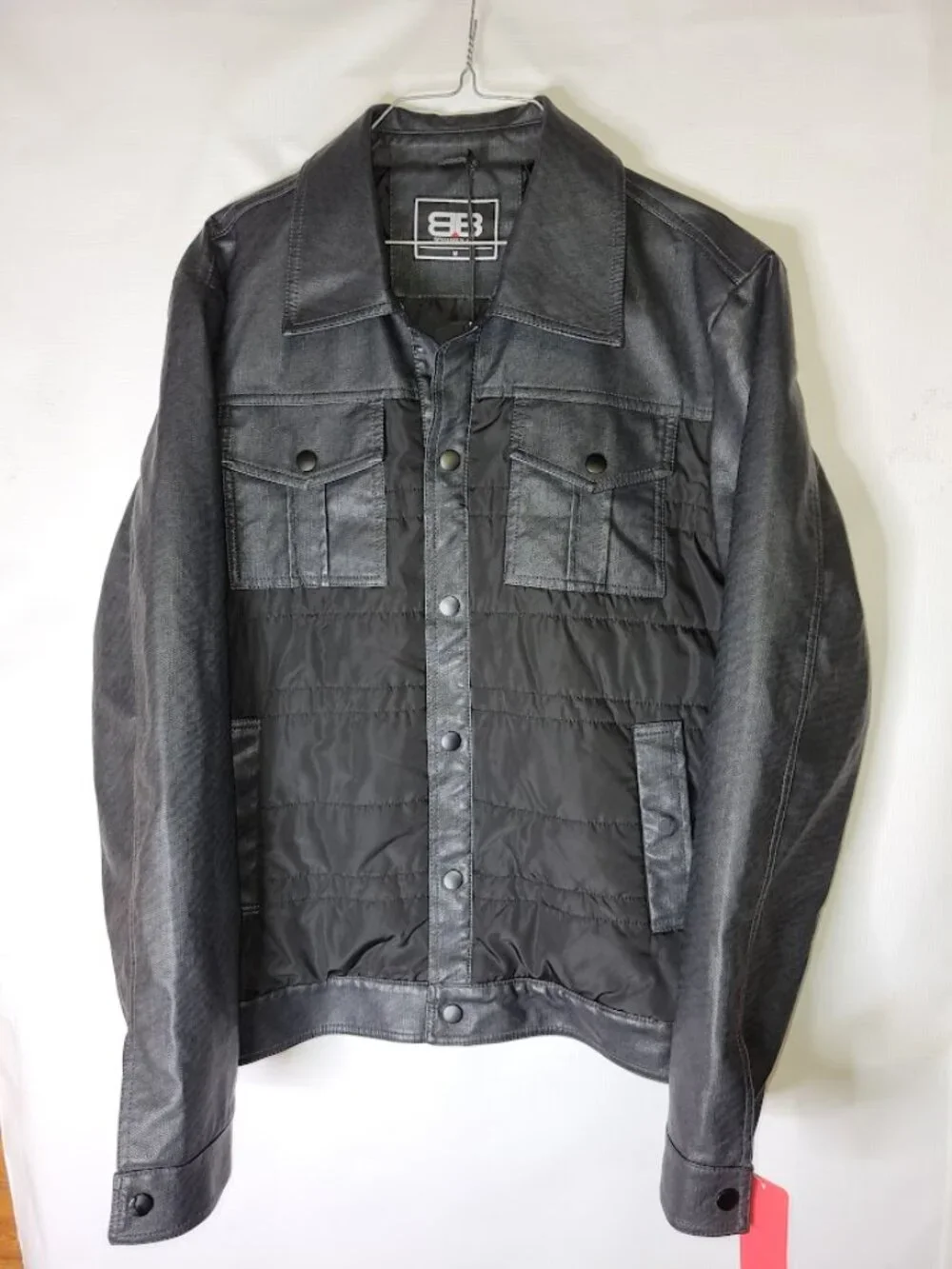 Benjamin Black Med Men’s Black Mixed Media Faux Leather Quilted Trucker Jacket